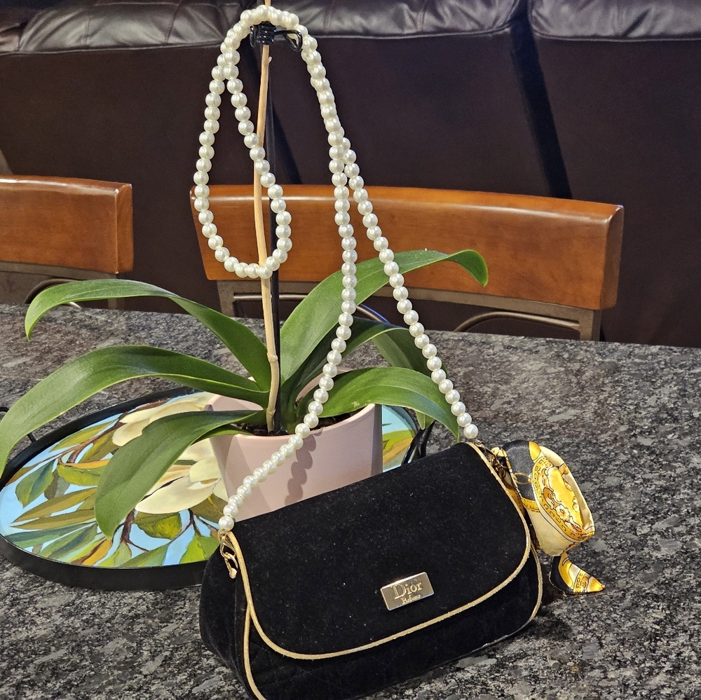 Christian Dior Black Velvet Gold Trim Clutch w/ Faux Pearl Crossbody Strap Added